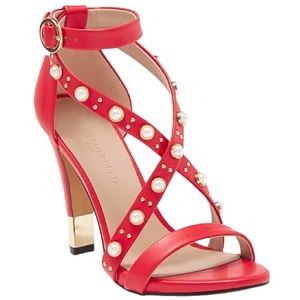 KARL LAGERFELD Cedra Embellished Stiletto Red Leather Pearl Gold Heels Strap 6
